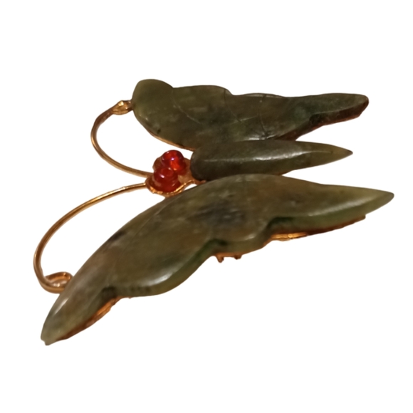 Vintage 70s Nephrite Jade Butterfly Brooch Pin EUC - Picture 6 of 7